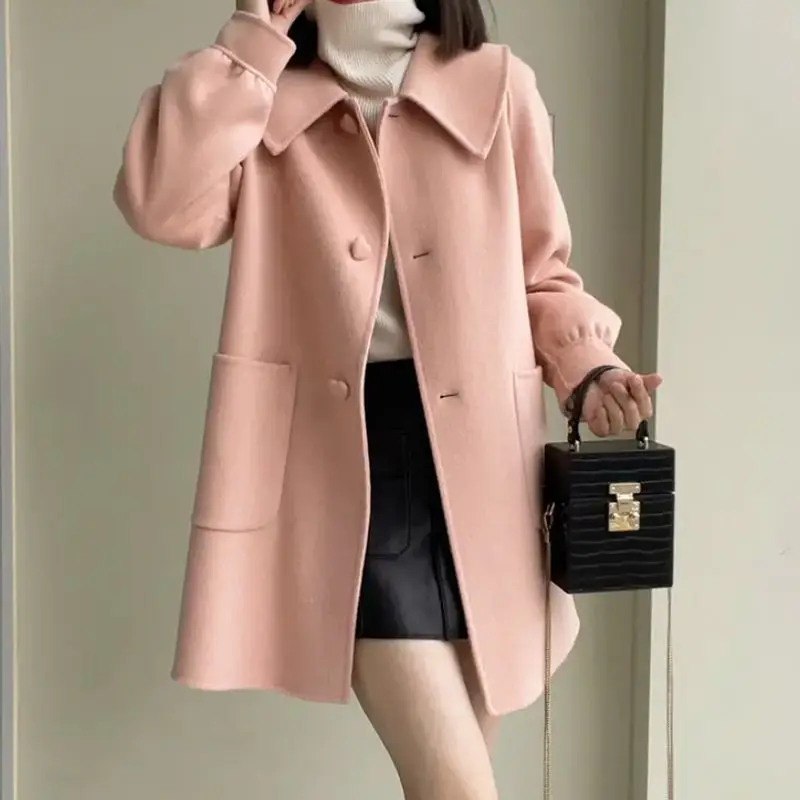 2025 Autumn and Winter New Mid-length Love Buckle Slimming Wool Jacket Slimming Age-reducing Doll Collar Tweed Top for Women