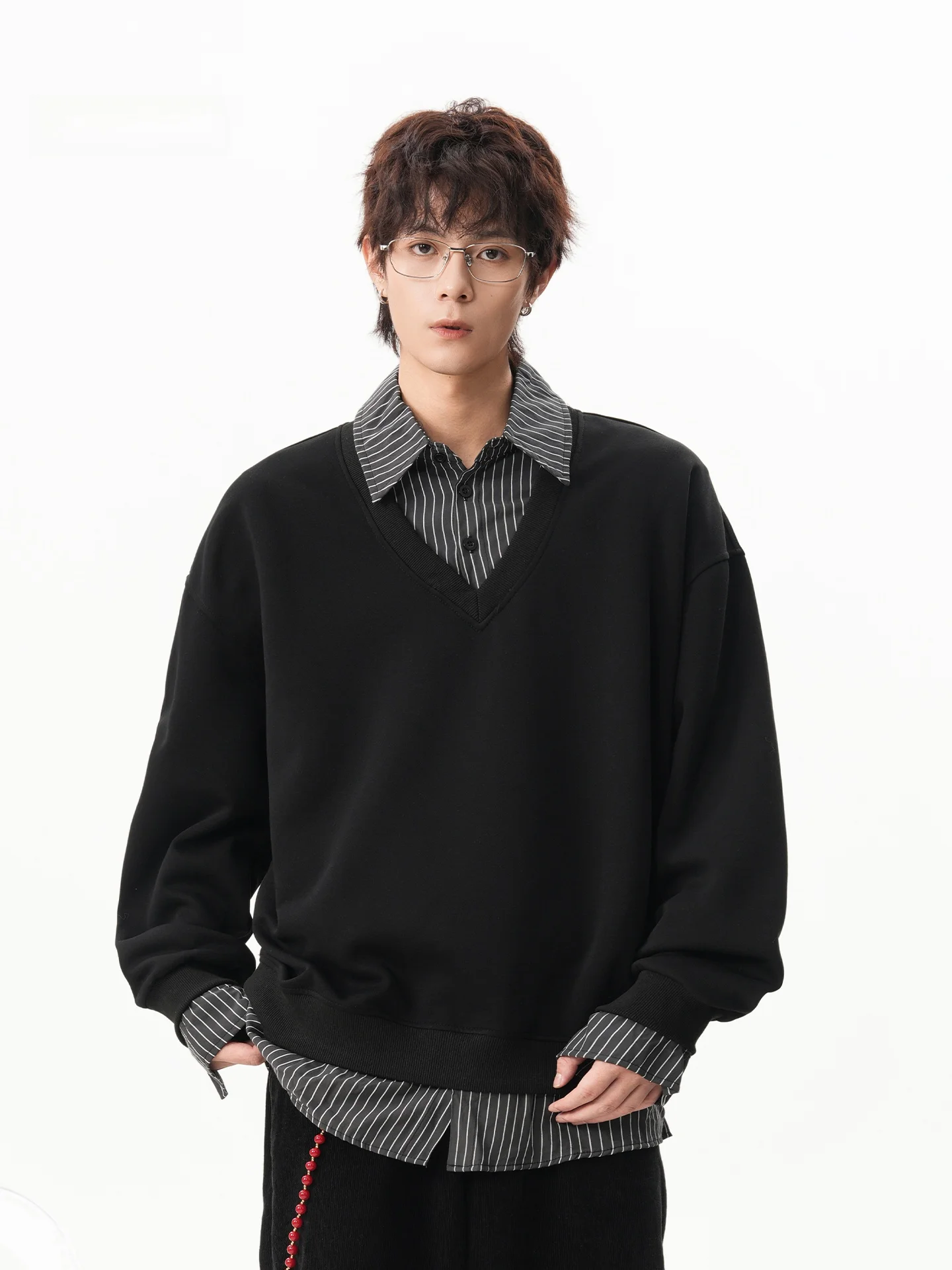 

American Retro Striped Loose Men's Sweatirt irt Collar Casual Wear Autumn Winter Trend Brand Heavyweight V-Ne Top