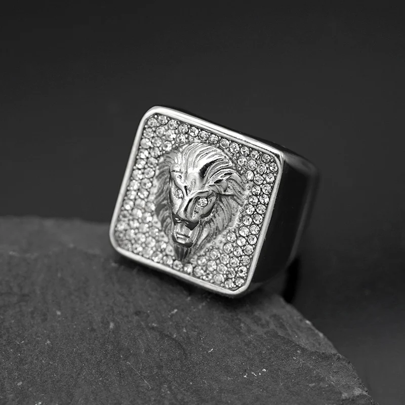 HIP Hop Bling Iced Out Massiver Edelstahl Mali Löwe Ringe Quadratischer Fingerring für Männer Rapper Schmuck Gold Silber Farbe