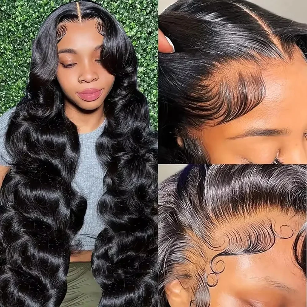Body Wave Human Hair Wig 7x6 No Glue Wig 220% Density Natural Black Colored Remy Hair 46 Inch Pre Plucked With Baby Hair For Women