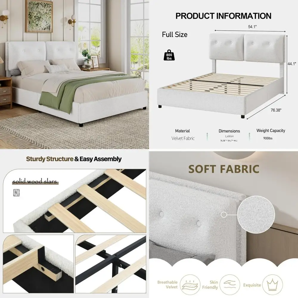 Full Size Platform Bed with Plush Upholstered Headboard and Sofa-Style Cushions, Wooden Slat Support, Low Profile Design