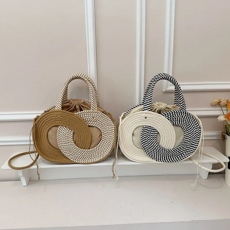 

Summer Straw Woven Bag Handmade Rattan Beach Tote Large Capacity Crossbody Shoulder Bag Stripe Color Block Casual Raffia Handbag