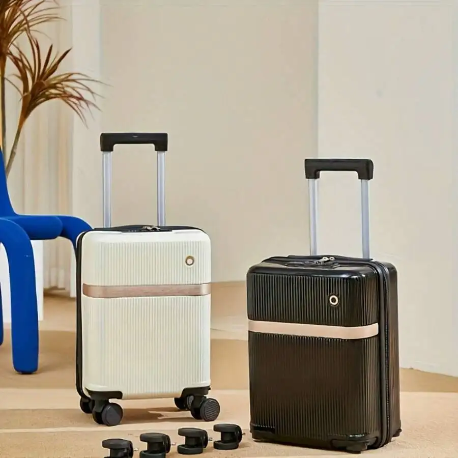 Trendy new stylish carry-on luggage, lightweight ABS trolley case with cup holder and phone stand, designer luggage with soft-close