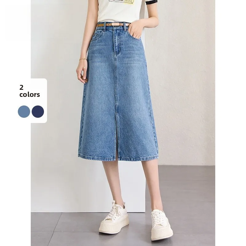 

Джинсовая юбка в стиле ретро с разрезом, женская, весна-осень, новая, с высокой талией, А-силуэт, прямой крой, 62SQ559