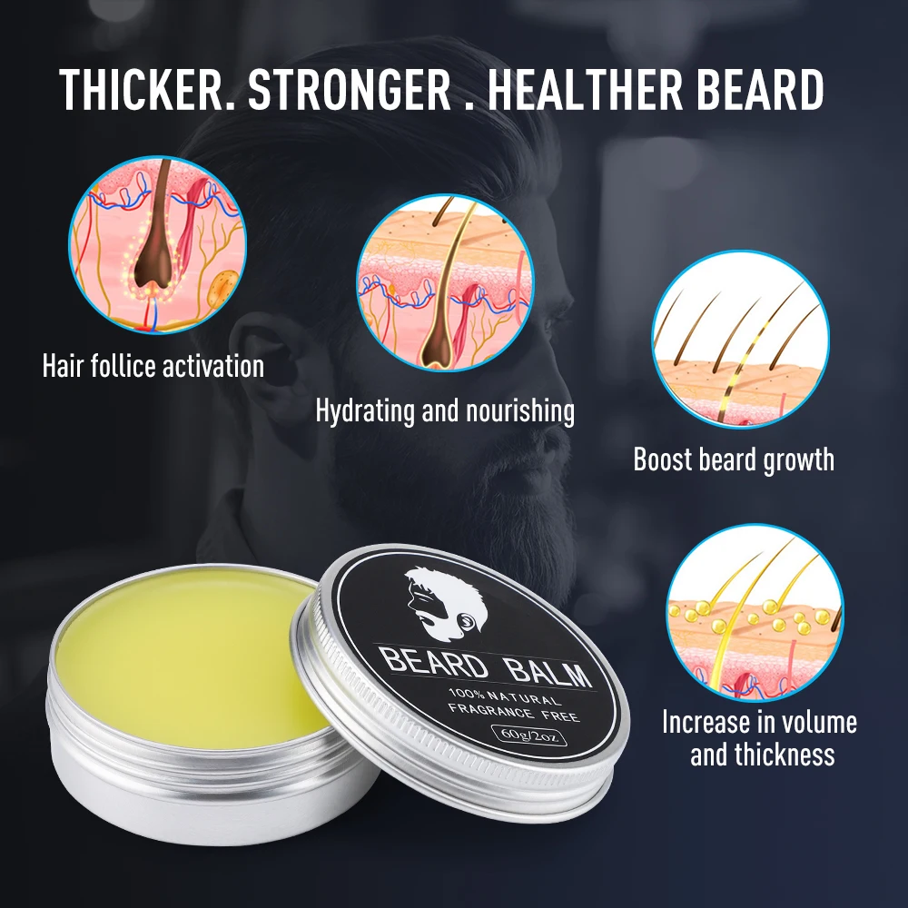 Bálsamo de cera de barba orgânico natural para homens, bigode, higiene capilar, condicionador, estilo, hidratação, alisamento, 60g