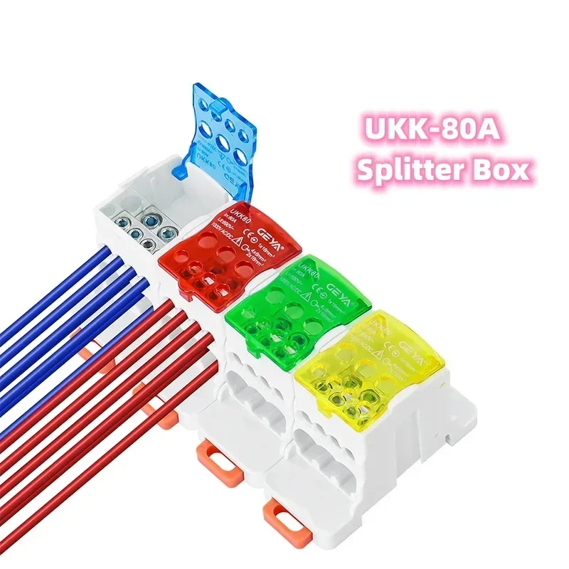 UKK-80A Distribution Box Din Rail Terminal Block 1 In 6Out Power Junction Box 80A Universal Electric Wire Connector