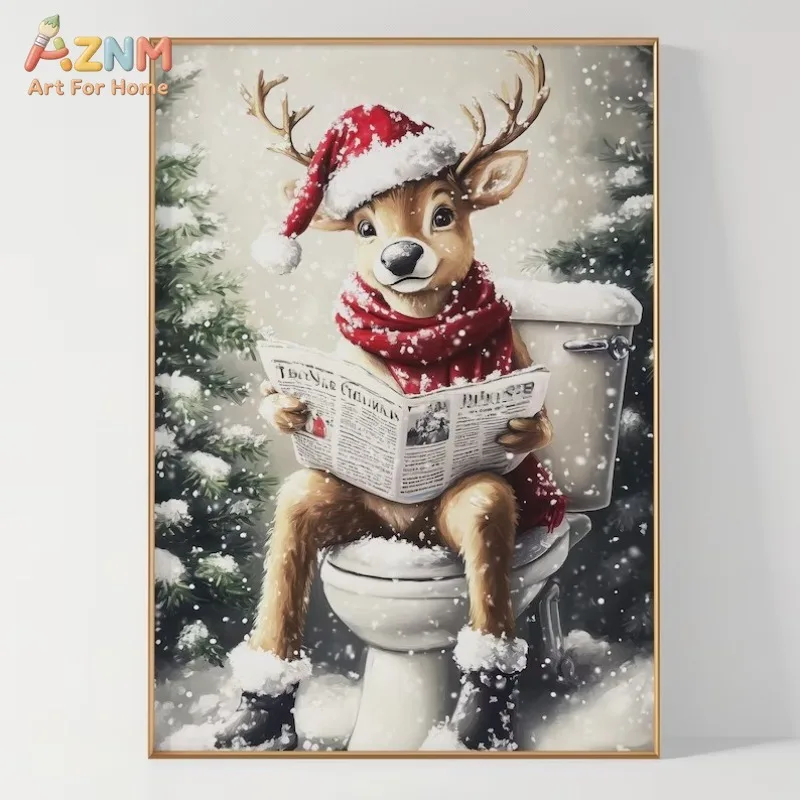 AZNM Funny Christmas Reindeer Sitting On Toilet Reading Newspaper Canvas Wall Art Snowy Winter Humorous Bathroom Xmas Decor Unfr