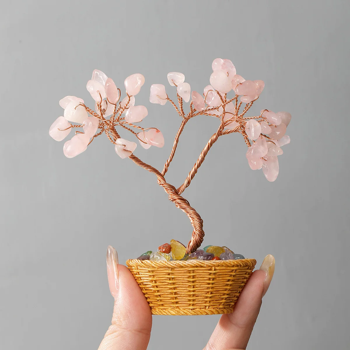 Natural Amethyst Gravel Stone Wealth Tree Basket Shape Copper Wire Wrapped Lucky Feng Shui Tree Reiki Healing Tabletop Ornaments