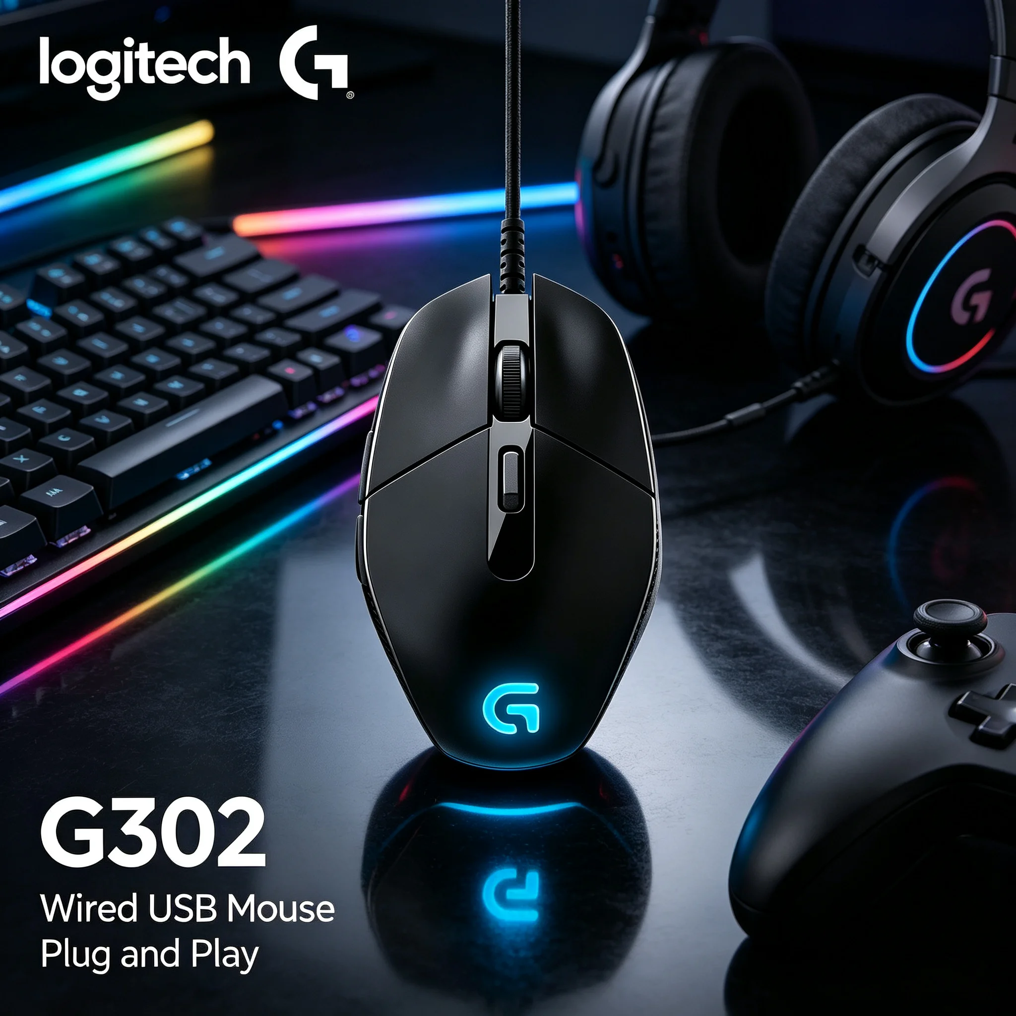 Logitech G302 Daedalus Prime Gaming Mouse Wired Ergonomic Right‑Hand Oriented Shape RGB Light for Valorant CS2 Apex Legends PC S