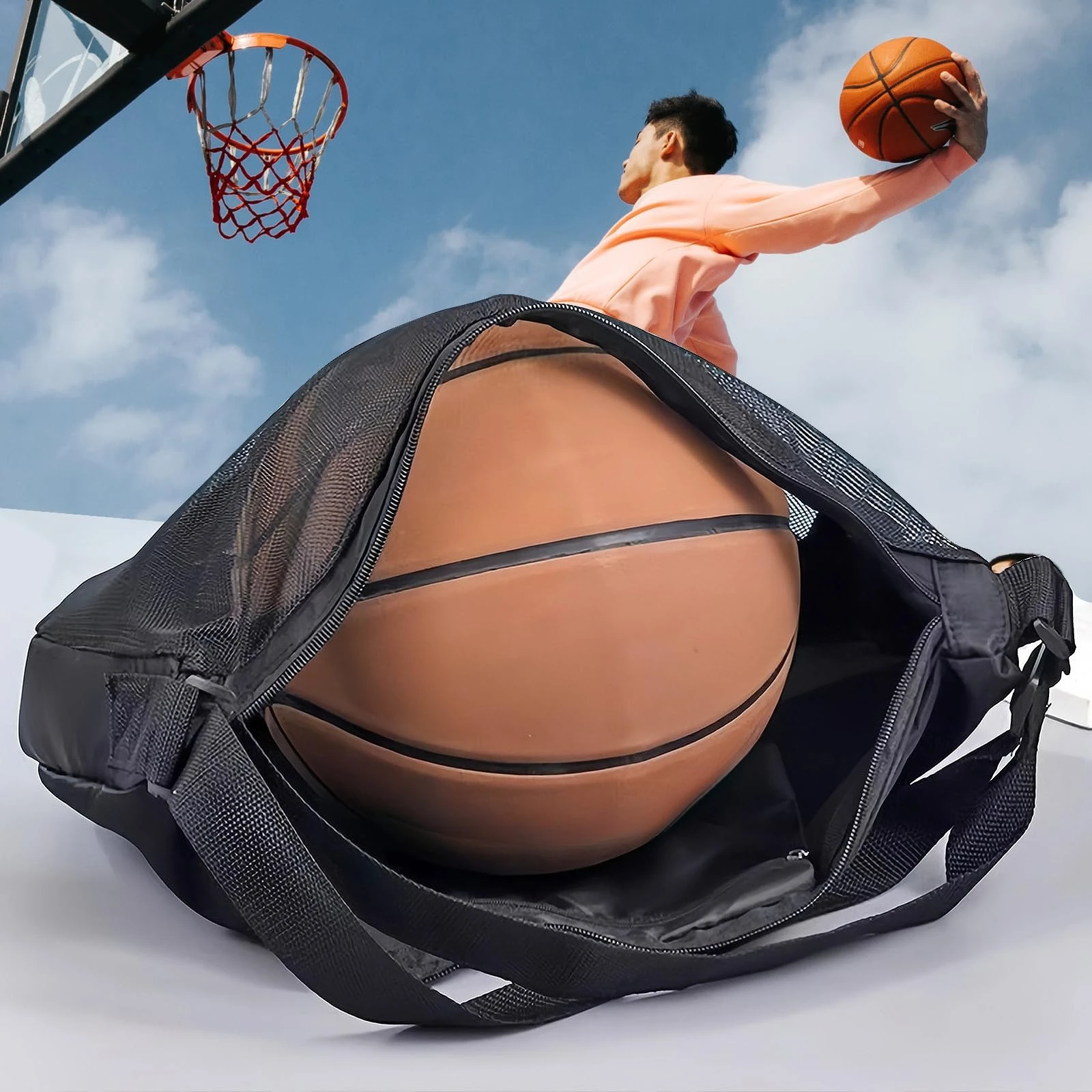 Anti-Tear Mesh Single Ball Bag 1/2Pcs Fits Size 7 Basketball Soccer Volleyball Crossbody Carrier With Adjustable Strap & Zipper