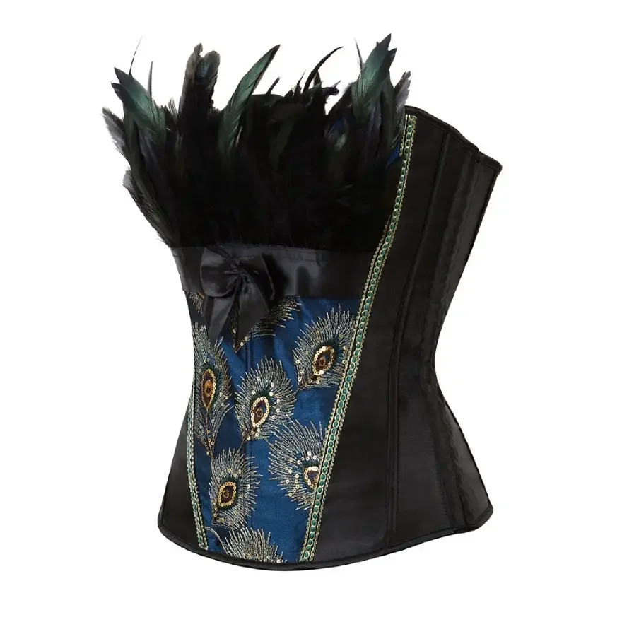 Peacock Feathers Corset Top Embroidery Pattern Brocade Overbust Lingerie Women Sexy Exotic Burlesque Bustier Plus Size view 2