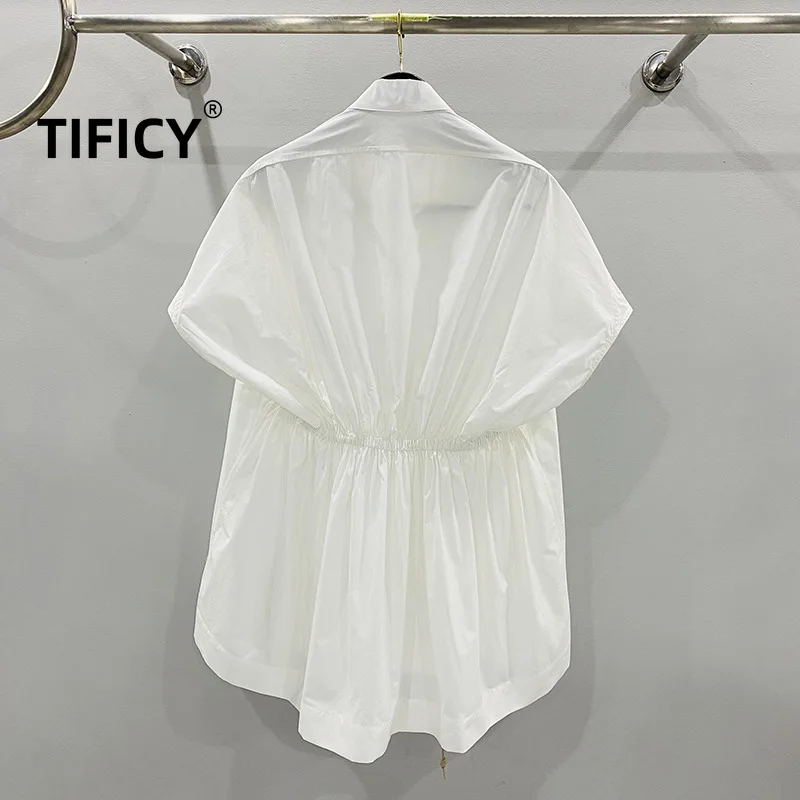 TIFICY High Street Cotton Blouses Women's Drawstring Waist Cinching Loose Solid Color V-neck Short Sleeved Casual Shirt Top