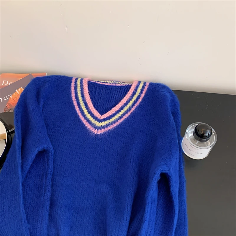 Maglione pullover a maniche lunghe con scollo a V blu da donna Harajuku anni 2000 Y2k stile coreano autunno e inverno nuovo maglione morbido e pigro