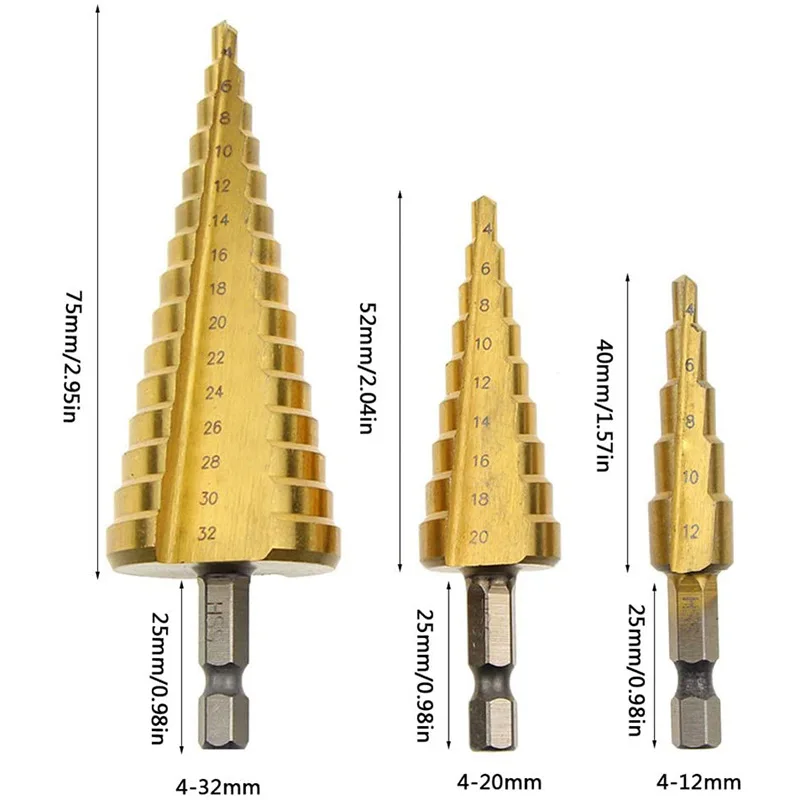 3-12 4-12 4-20 4-32mm Straight Groove Step Drill Bit HSS Titanium Coated Wood Metal Hole Cutter Core Cone Drilling Tools Set