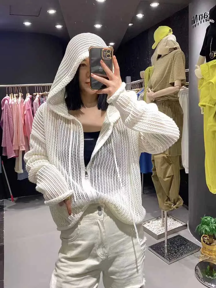 

Casual Hollow out Hooded Dstring Thin Knitted Sweater Jaet Women's Spring Summer Sun Protection Loose Open Cardigan