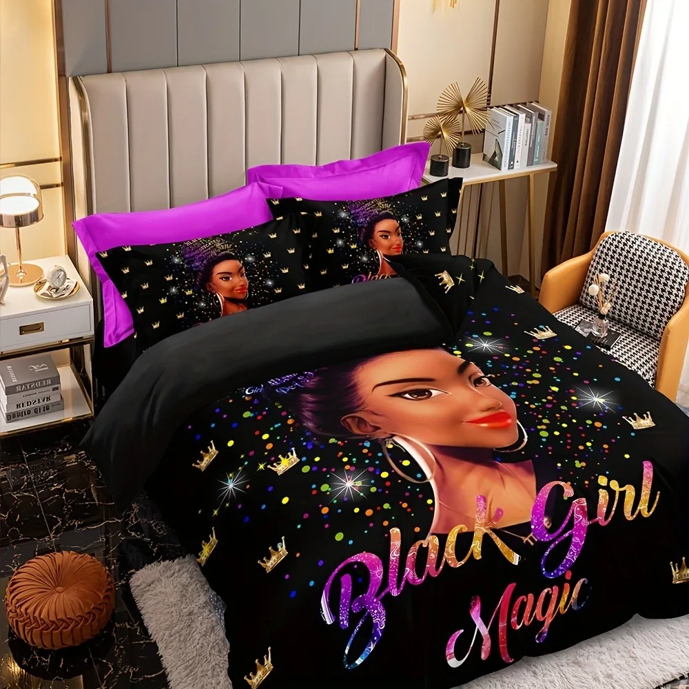 African American Girl Duvet Cover Set, Melanin Magic Bedding Set, Soft Microfiber Quilt Cover with Pillowcases for Kids Teens Be