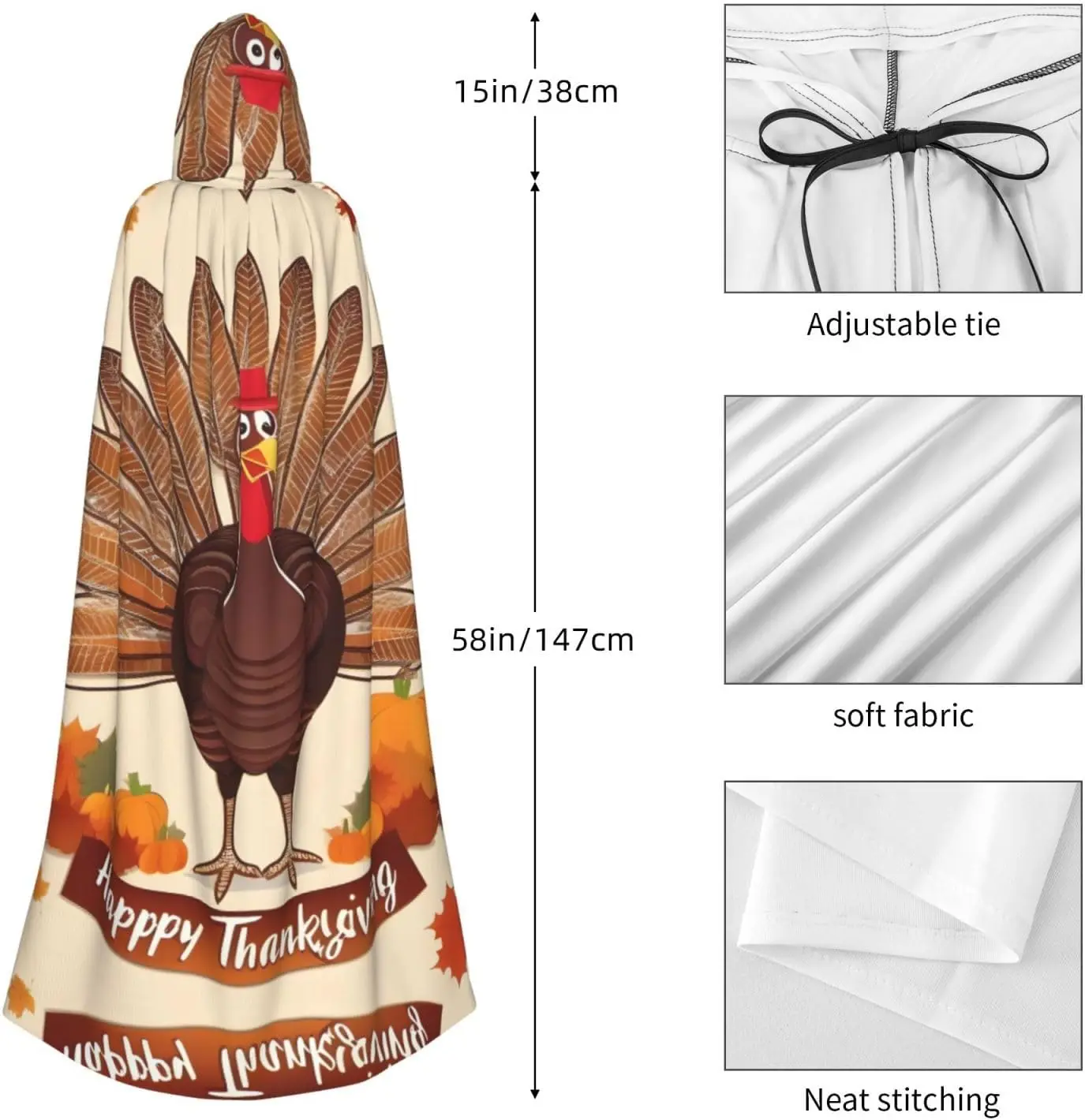 عباءة بغطاء للرأس للبالغين للهالوين، ديكور عيد الشكر السعيد، تركيا مع عباءة بغطاء للرأس بنمط أوراق القيقب مع ربطة عنق على شكل ربطة عنق