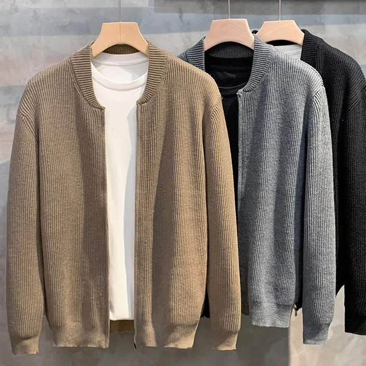 Autumn Winter Solid Slim Knit Cardigan Jacket Men's Business Casual Warm Outerwear