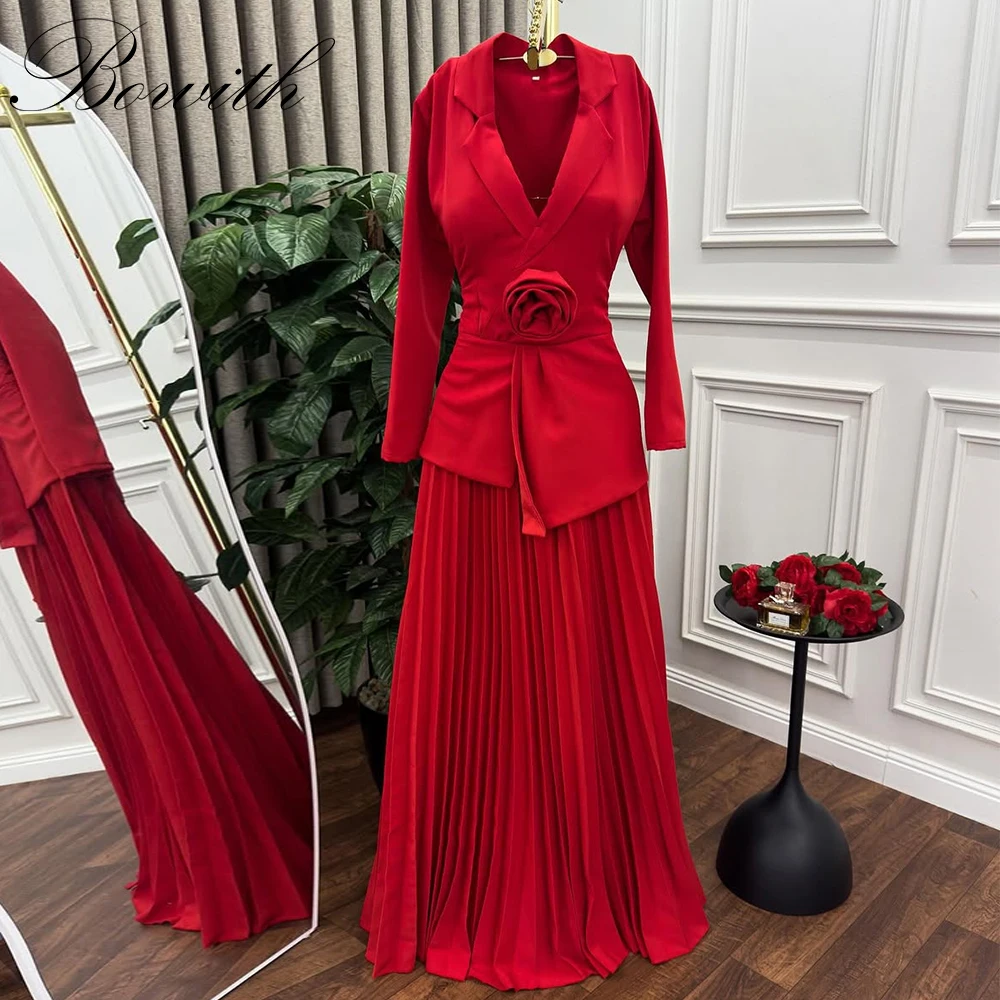 

Bowith Red Modest Evening Dresses Notch Lapel Long Sleeves Prom Dresses 2025 Customized 3D Flower Draped Party Dresses