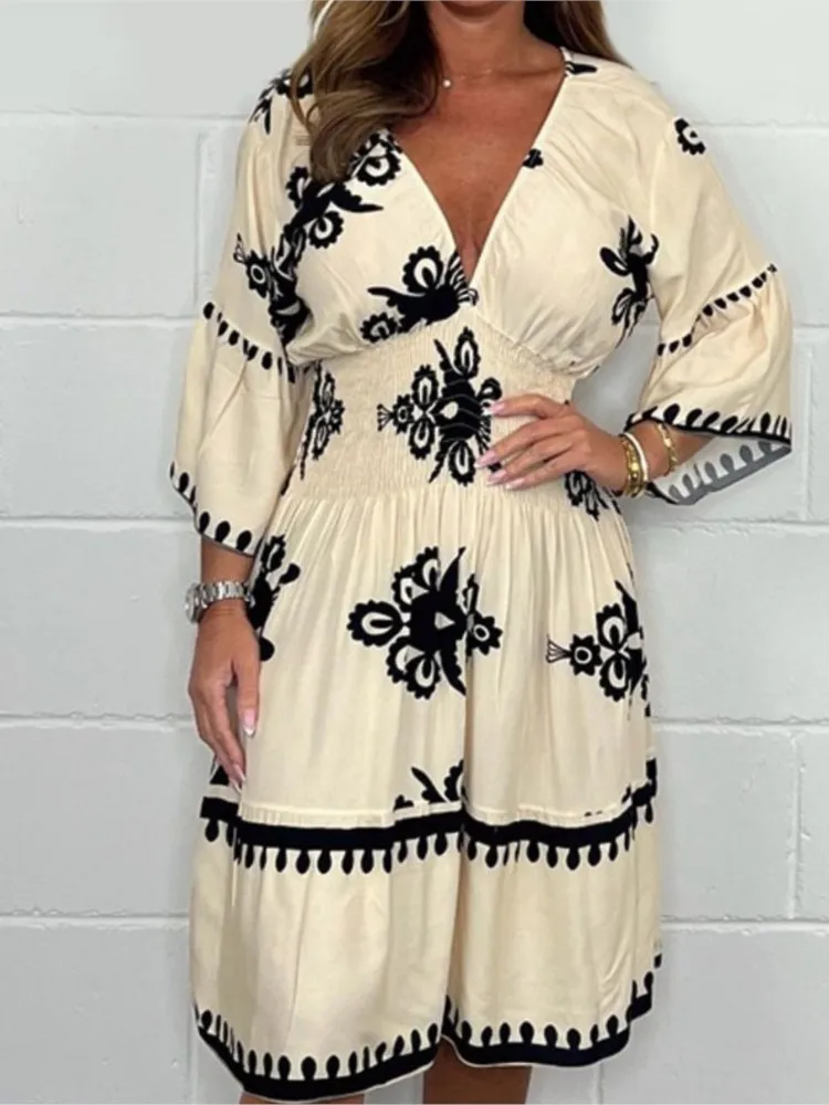 

Fashion Boho Print Dress Lady Casual Sexy V Neck High Waist Loose Dresses For Women Holiday Beach Party Skirts Womens Clothing