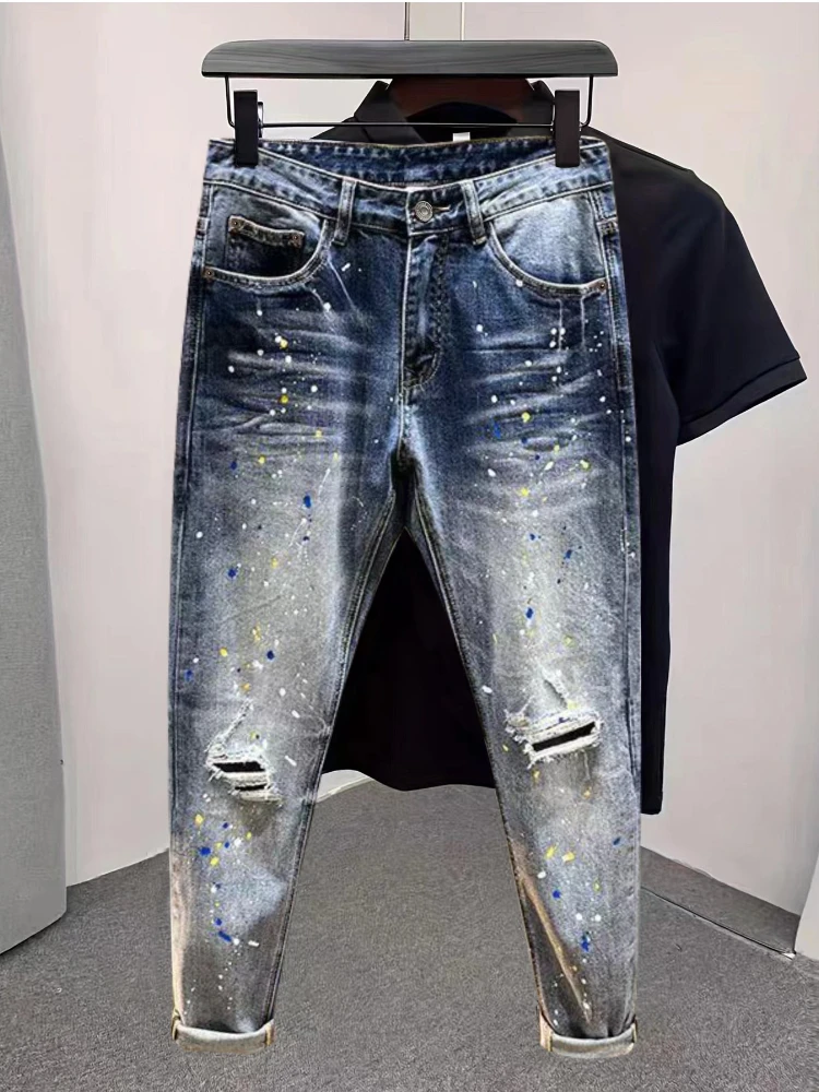 Men's Vintage Washed Blue Ripped Jeans Colorful Paint Splatter Slim Fit Stretch Denim Pants Casual Streetwear Jeans for Male