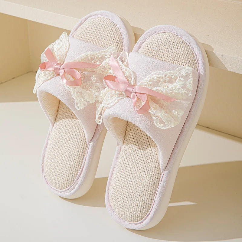 Dolce pizzo Bowknot casa per pantofole donna suola morbida leggero piatto Indoor diapositive donna muto antiscivolo pantofole da camera da letto in