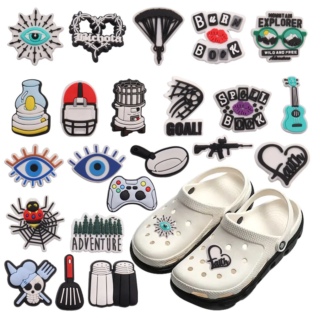 New Arrival 1pcs Shoe Charms Guitar Rugby Hat Shovel Light Bulb Accessories PVC Kids Shoes Buckle Fit Wristband Birthday Present