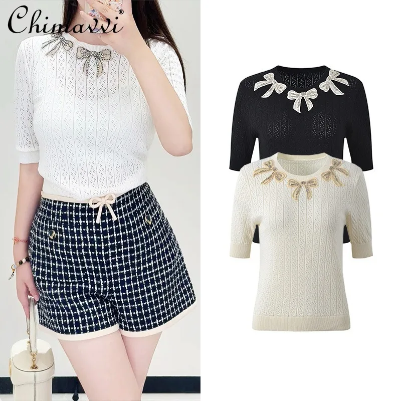 

Solid Color Temperament Heavy Industry Embroidery Bow Nailed Drilled Round Neck Pullover Knitted Short Sleeve Top Women