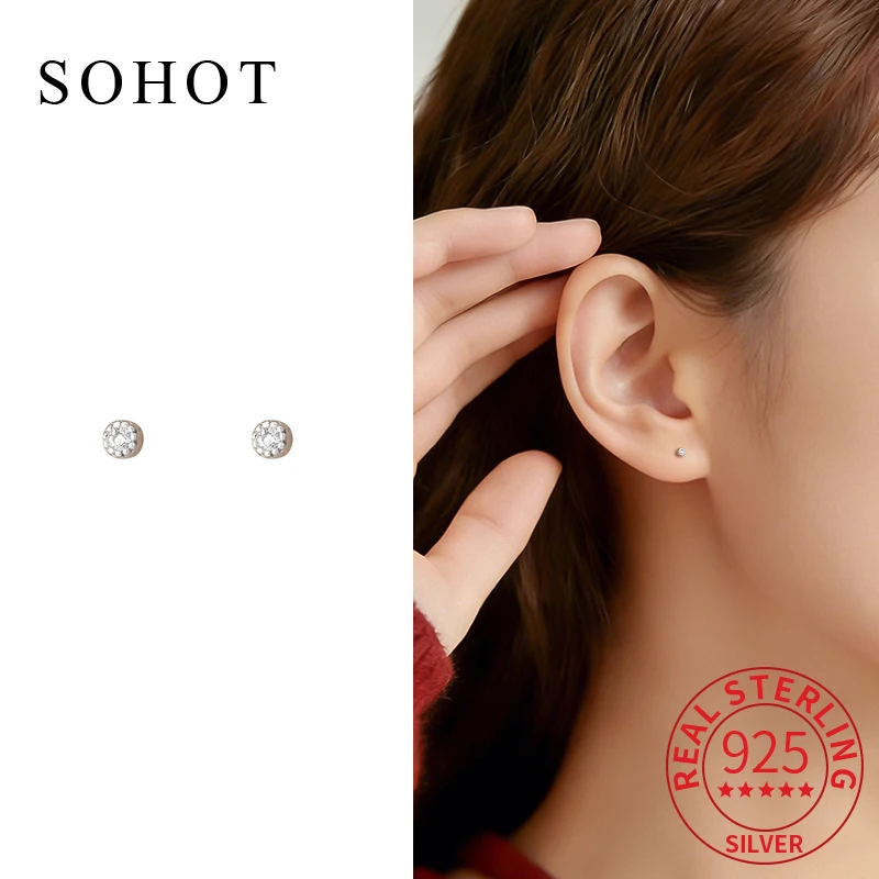 Real 925 Sterling Silver Tiny Zircon Minimalist Stud Earrings for Charming Women Fine Jewelry Classic Light Luxury Accessories