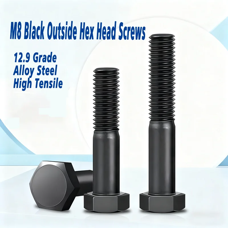 5PCS Half Thread M8 Black Outside Hex Head Screws External Hexagon Head Cap Screws Bolts High Tensile Grade 12.9 Alloy Steel