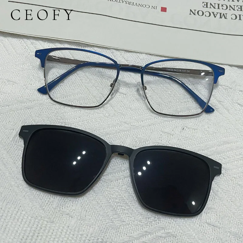 

CEOFY Vintage 2 In 1 Magnet Polarized Sunglasses Men Square Eyeglass Frame Clip on Optical Myopia Prescription Glasses T3518