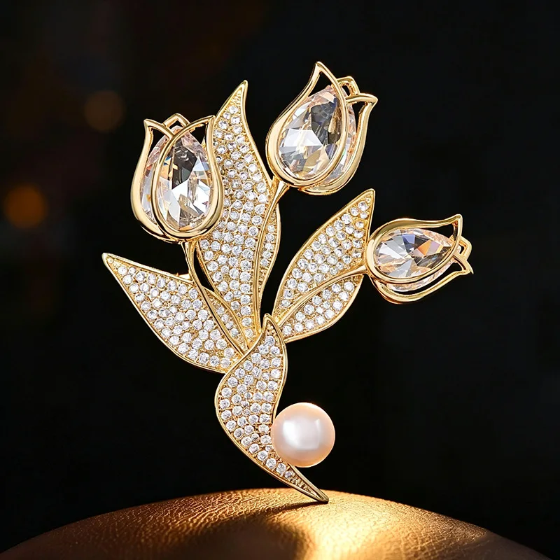 Chinese Style Gold Tulip Brooch Cubic Zirconia Pearl Lucky Auspicious Blessing Lapel Pin For Women Autumn Winter Coat Suit Gift