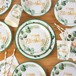 Green Eucalyptus Leaf Disposable Tableware Set Paper Plate Cup Napkin Kids Adult Birthday Supplies Hawaiian Summer Party Decor