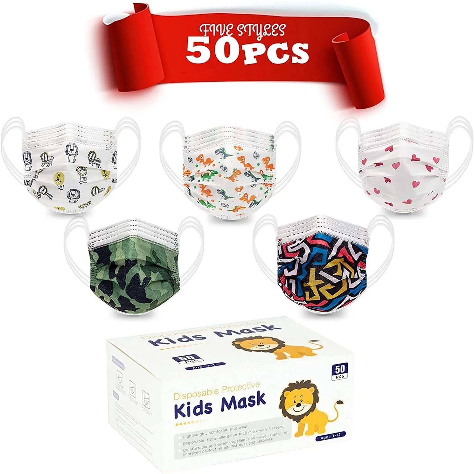 50PCS Children's Spunlace Non-reusable Breathable Printed Mask