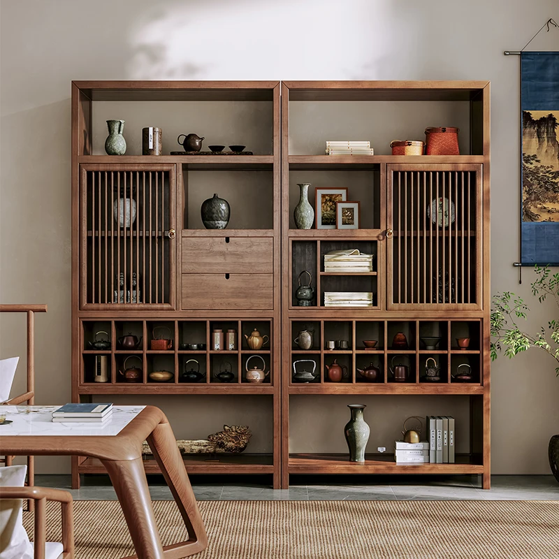 New Chinese Style Solid Wood Living Room Bookshelf Tea Set Multi-layer Storage Rack