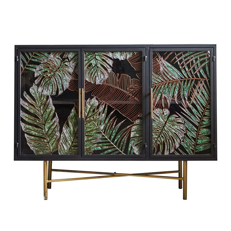 

American retro home entrance cabinet, green painted glass door is facing the integrated cabinet against the wall, storage and di