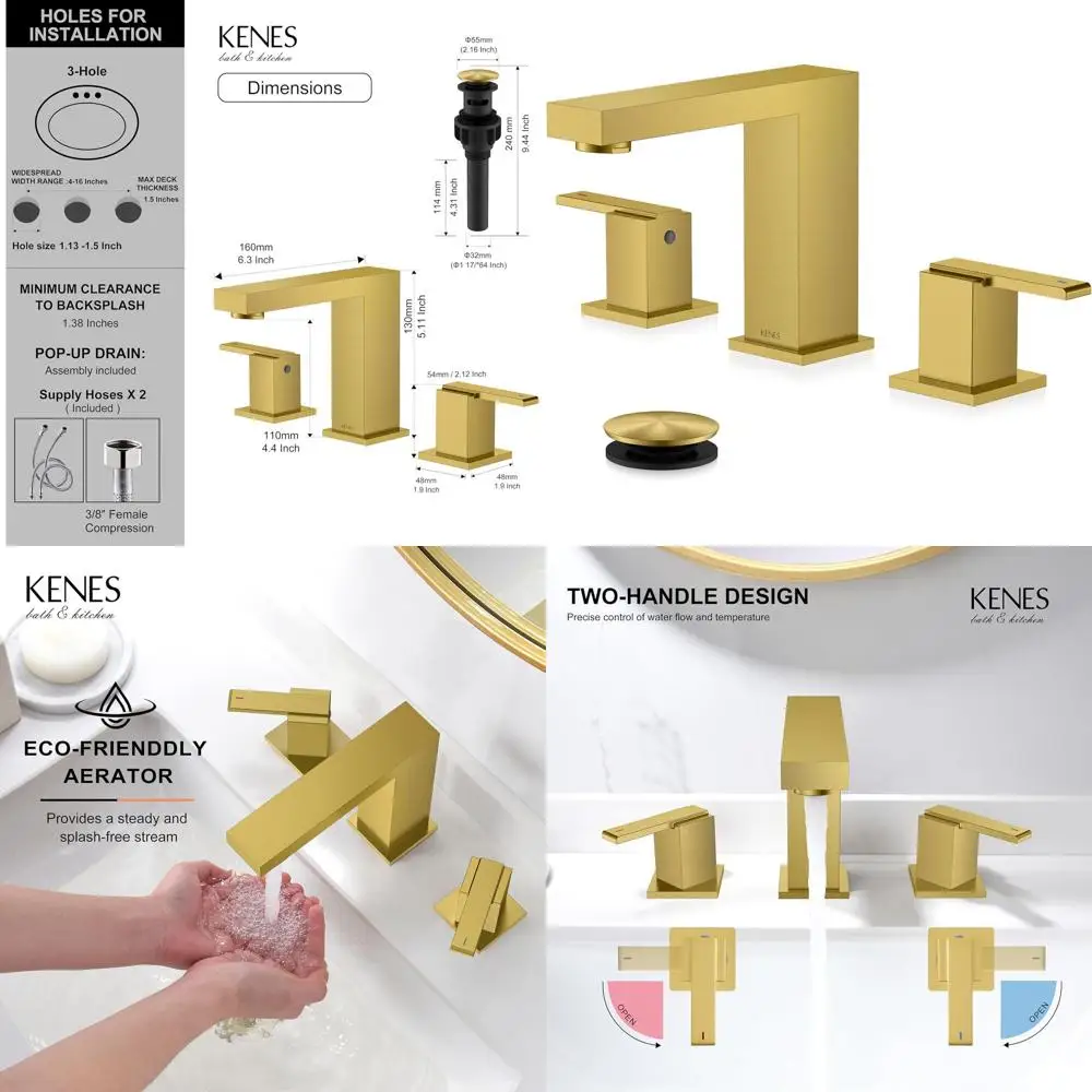 

3-Hole Gold Two-Handle Widespread Bathroom Sink Faucet Set with 8 Spout, Pop-Up Drain and Supply Lines