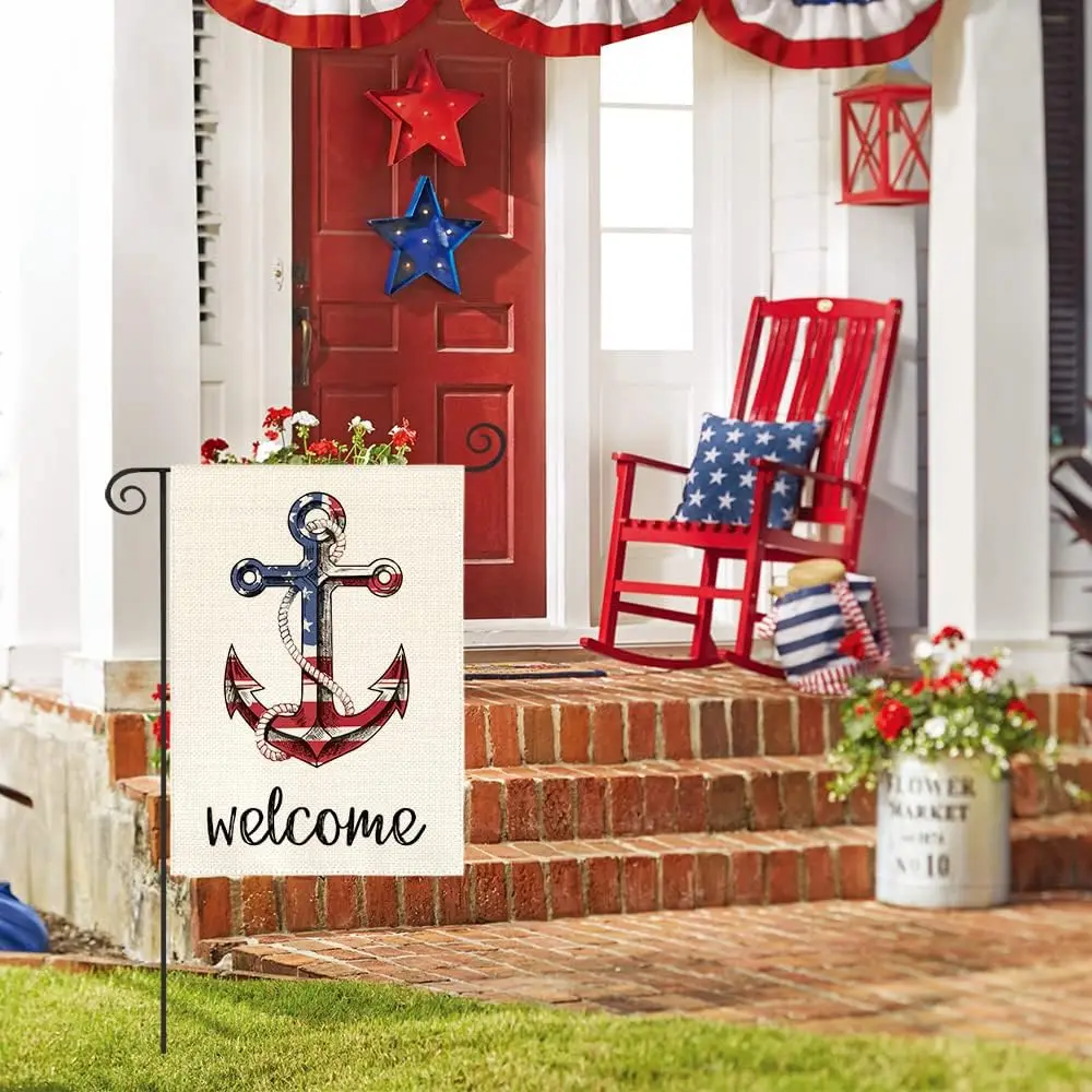 AVOIN colorlife Welcome American Stars and Stripes Anchor Garden Flag Double Sided, Patriotic 4th of July Memorial Day Yard Outd