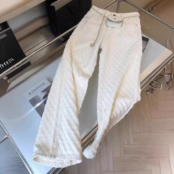 White Plaid Straight Loose Pants Women Spring Autumn Fashion Jeans 2025 New High Waist…