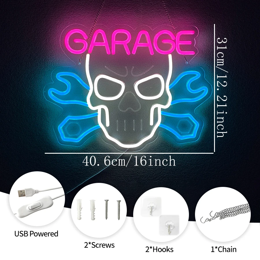 Skull Garage Car Service Automotive Neon Sign For Wall Decor With Switch Garage, Man Cave Led Neon Signs Light, Powered By Usb.