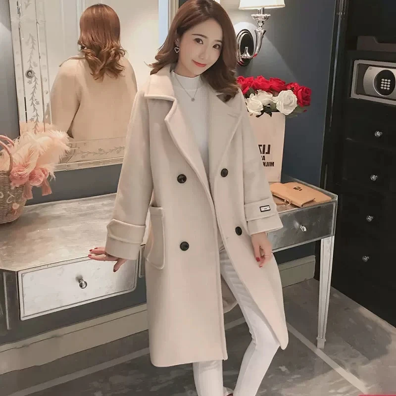 

Fashion Wool Coat Women Long Korean Top 2024New Fall Winter Woolen Jacket Female Long Sleeve Double-Breasted Solid Wool Overcoat