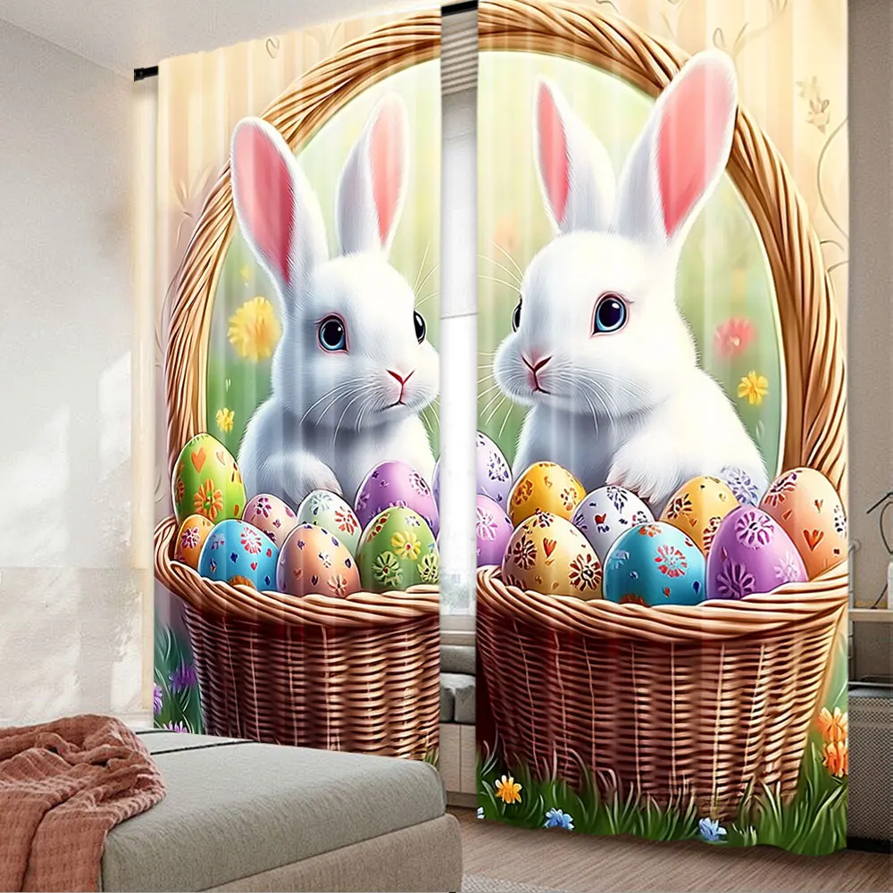 

2Pcs Vintage Rabbit Print Curtains Elegant Modern Style For Living Room Bedroom Or Kitchen Easter Decor And Many Other Occasions