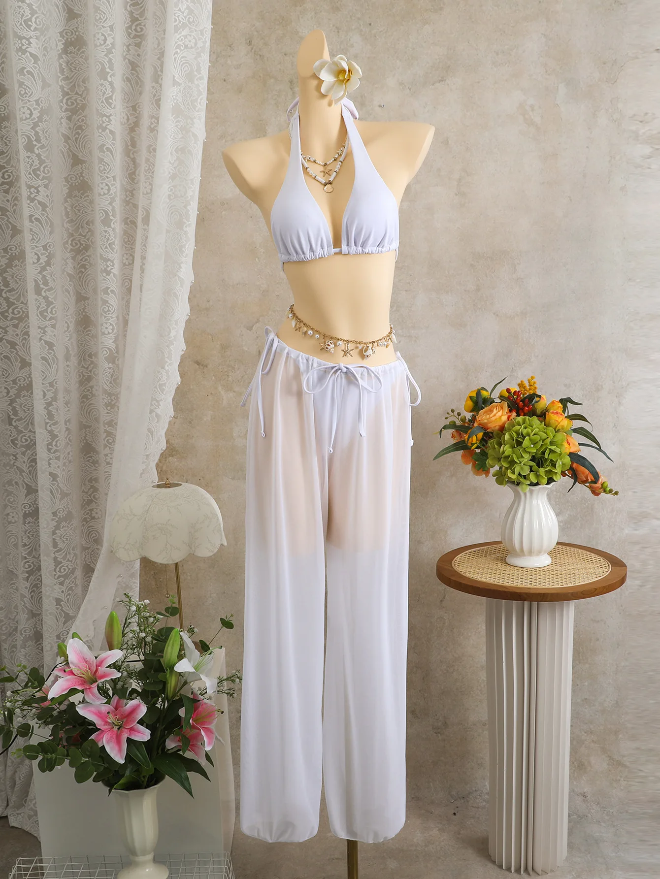 sexy plain halter tie bikinis sets 3pcs with mesh tie long pants white black 2 color thong swimsuit bathing suit biquini tankini