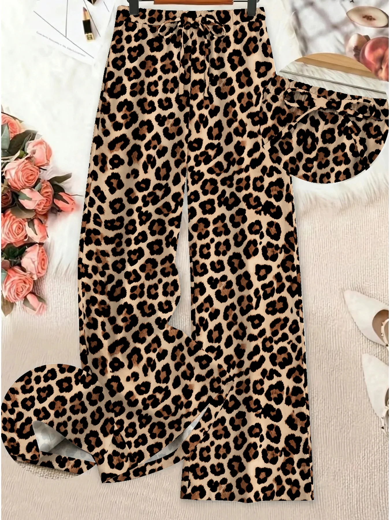 Women's Leopard Print Drawstring Pants Casual Comfortable Elegant Wide Leg with Elastic Waistband
