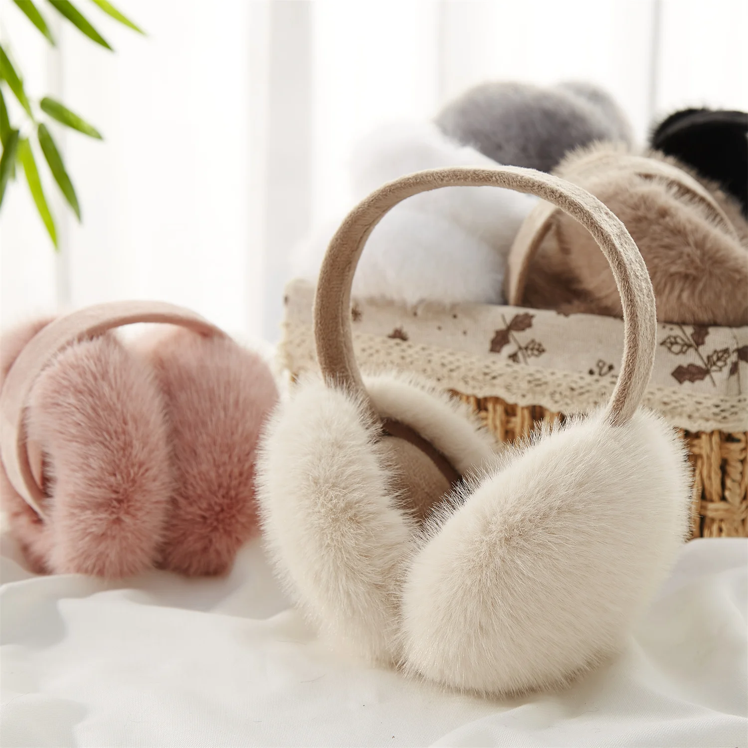 Innovative Beige Earmuffs Foldable Imitation Rabbit Fur Plush Warm Woman Ear Bag for Best Friends Christmas Gifts