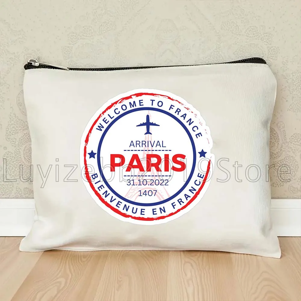 Travel The World Spain Paris Rome Passport Stamp Gifts Canvas Cosmetic Bag Makeup Case Travel Toiletries Organizer Storage Pouch
