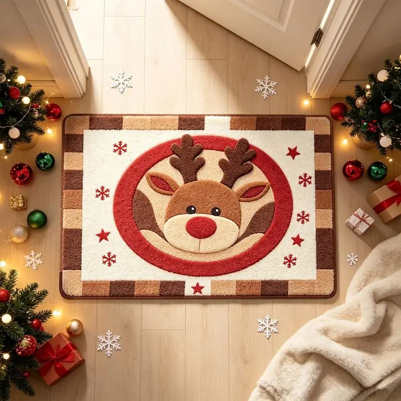 VIKAMA Christmas Door Mat Reindeer Red Nose Plaid Border Print Entryway Mat Non Slip Indoor Holiday Winter Cozy Home Decor