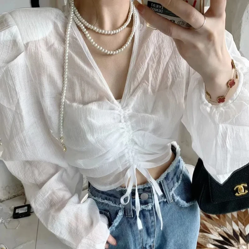 2024 Spring New Korean Style V-neck Bubble Sleeve Drawstring Top with Female Sensation Micro Transparent Thin Shirt