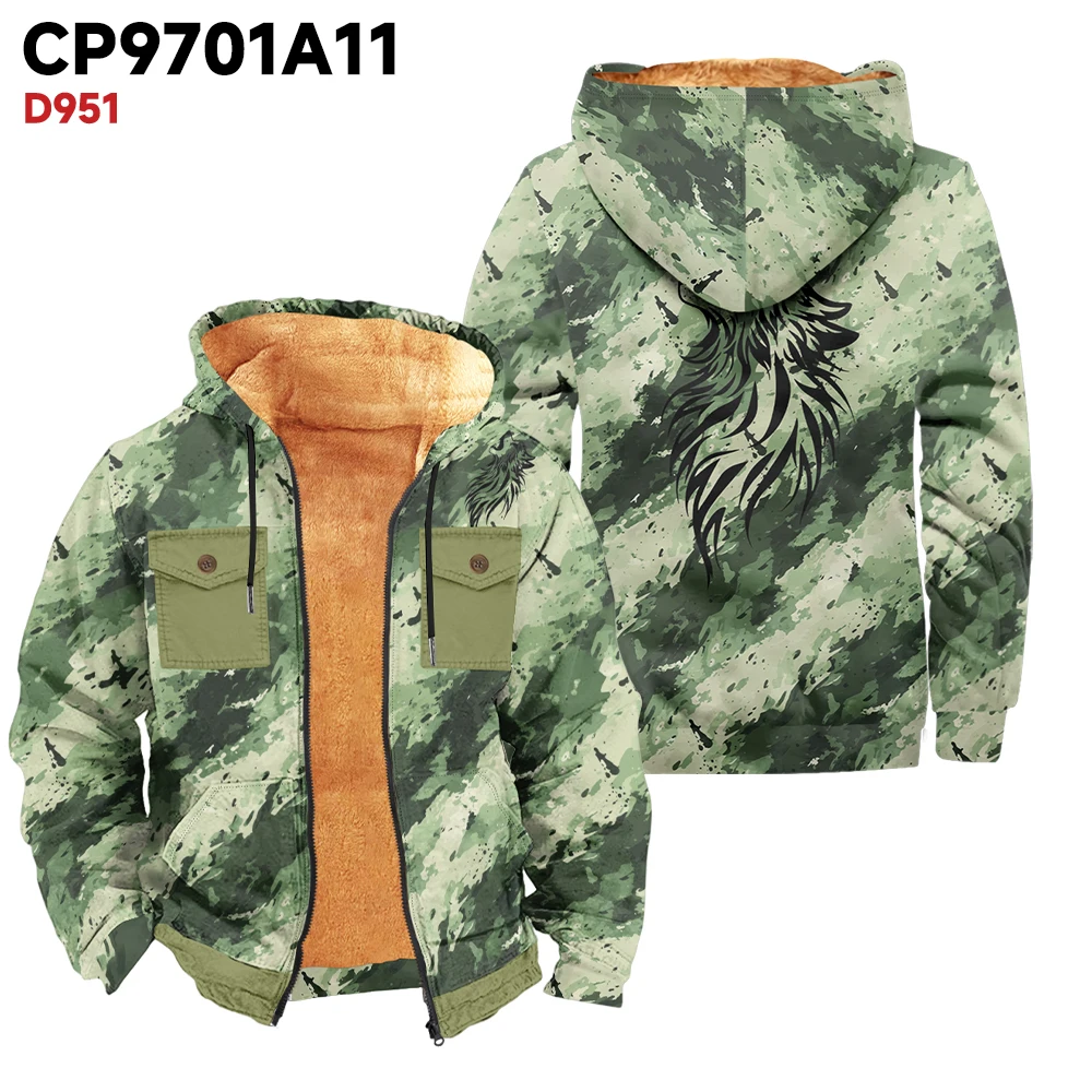 Men's winter coat jacket with green rendering printed retro trend, thick and warm, essential for outdoor travel