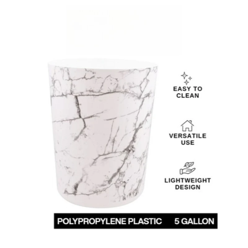 Bathroom Trash Can, 5 Gallon Small Plastic Garbage Bin with No Lid, White Marble